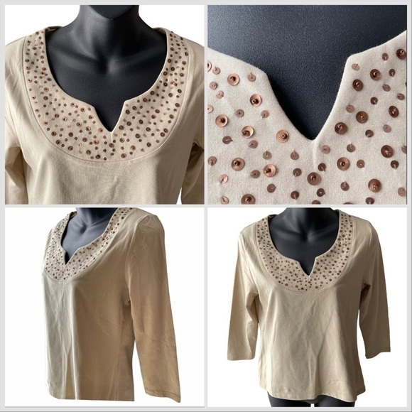 V-Neck Copper Sequins Detail Embellishment Tan 3/4 Sleeve Top Women’s S COASTAL - Picture 1 of 10